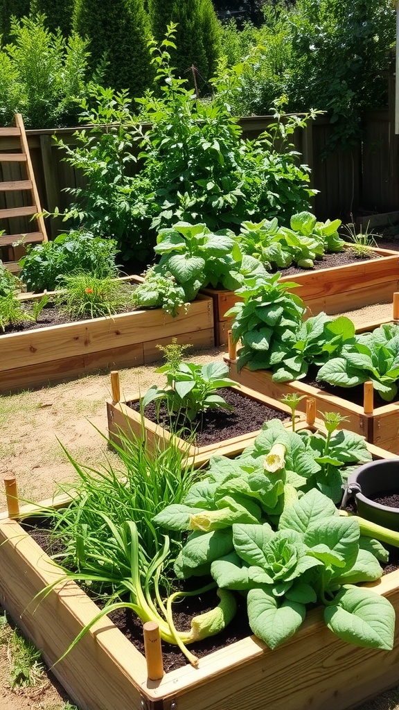 A sunny backyard with several wooden raised garden beds filled with various green plants and vegetables.