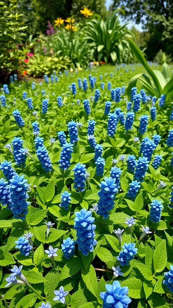 A vibrant patch of blue Bugleweed flowers surrounded by lush green foliage.