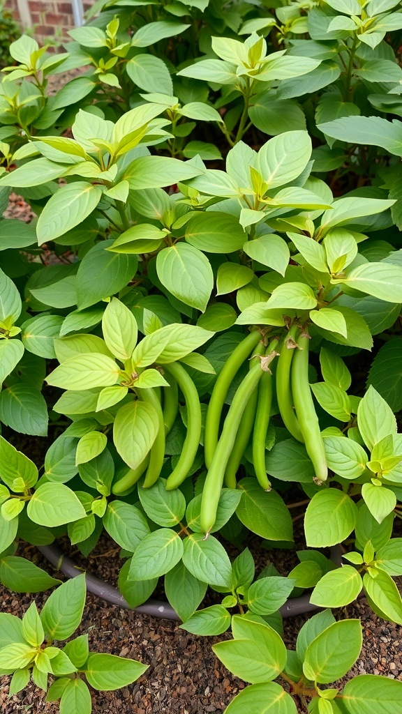 Bush green beans growing among lush green leaves