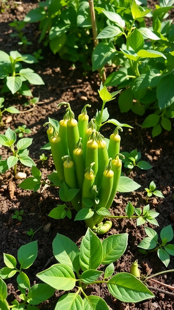 Bush peas growing in a small garden with green pods.