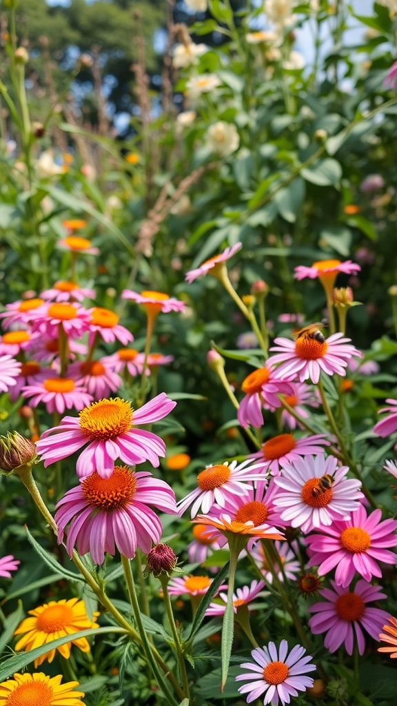 A vivid scene of butterflies and birds among colorful flowers