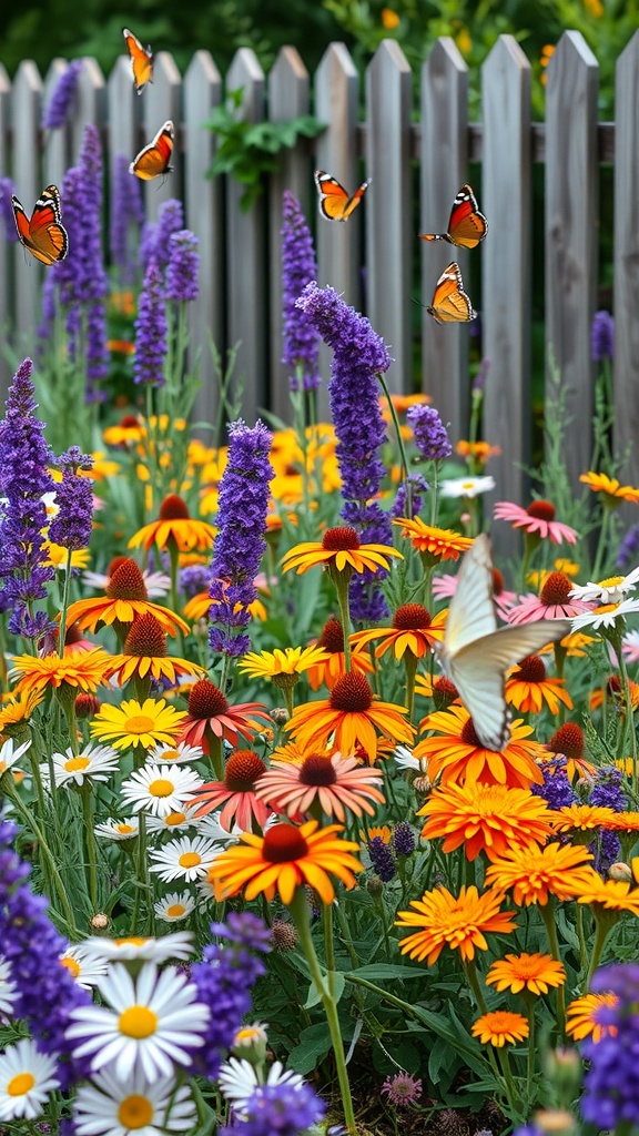 A vibrant butterfly garden bed featuring orange and purple flowers, attracting butterflies in front of a wooden fence.