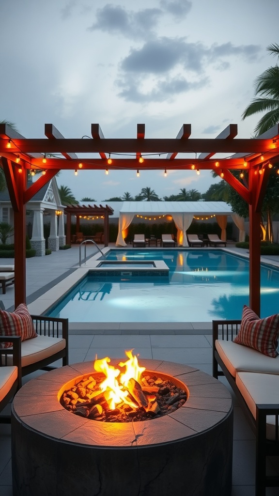 Cozy cabana with fire pit, surrounded by a pool and comfortable seating.