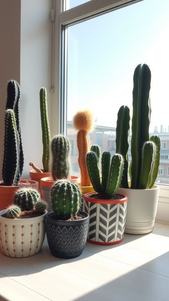 A collection of various cacti in colorful pots on a bright windowsill