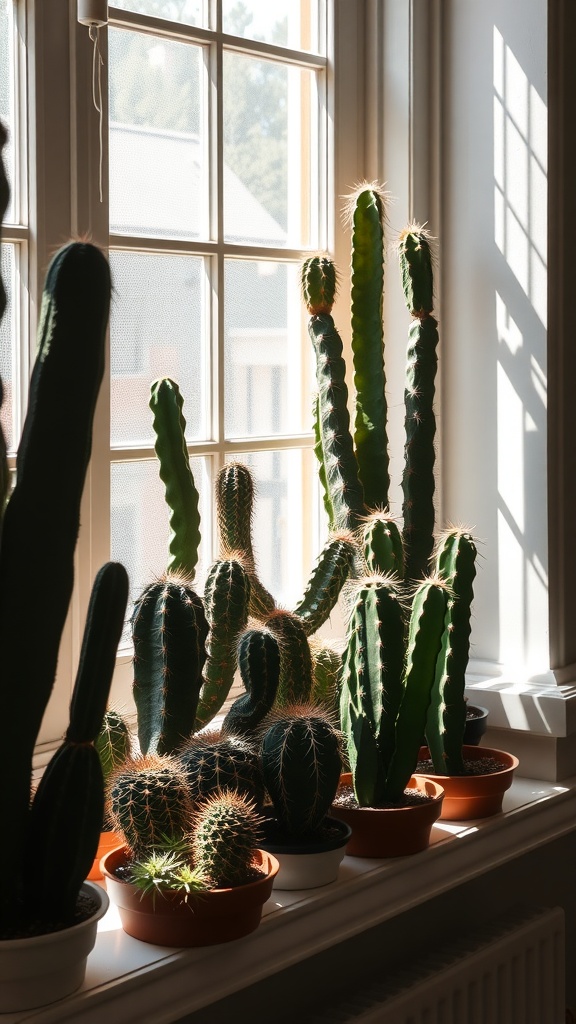 A variety of cacti on a windowsill, enjoying bright sunlight.