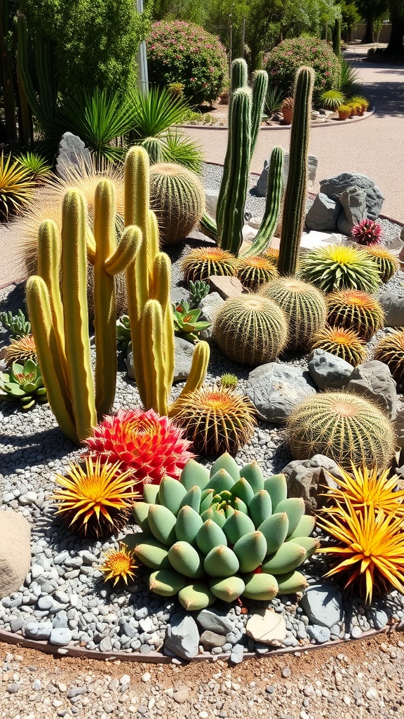 A vibrant cactus and succulent landscape bed with various shapes and colors.