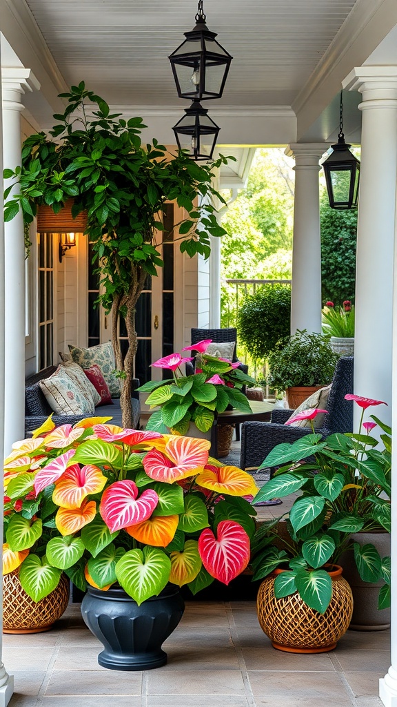 Vibrant caladium plants in decorative pots on a shaded porch