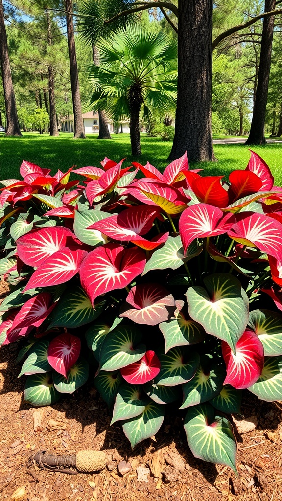 Vibrant caladium plants with pink and green leaves in a setting with pine trees in the background.