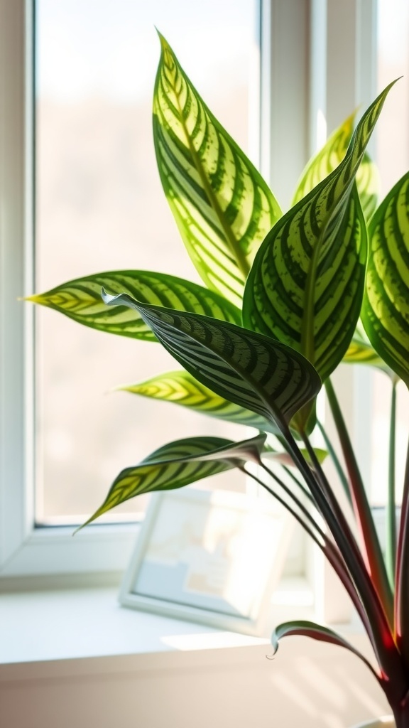 A vibrant Calathea plant with decorative leaf patterns positioned by a sunny window.