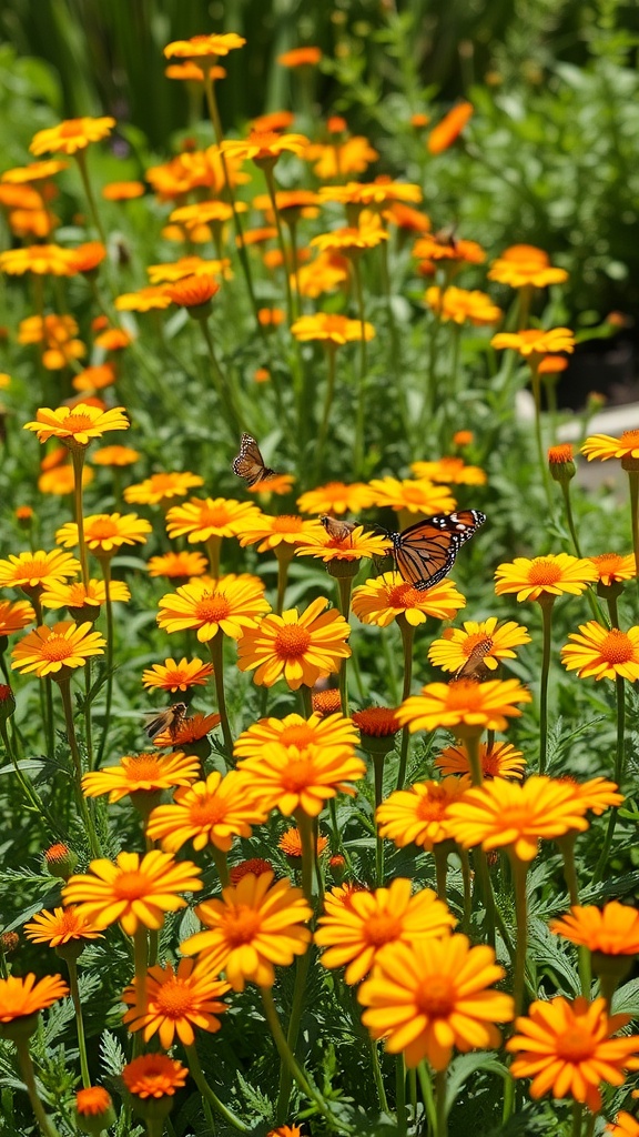 A vibrant patch of calendula flowers in yellow and orange with butterflies.