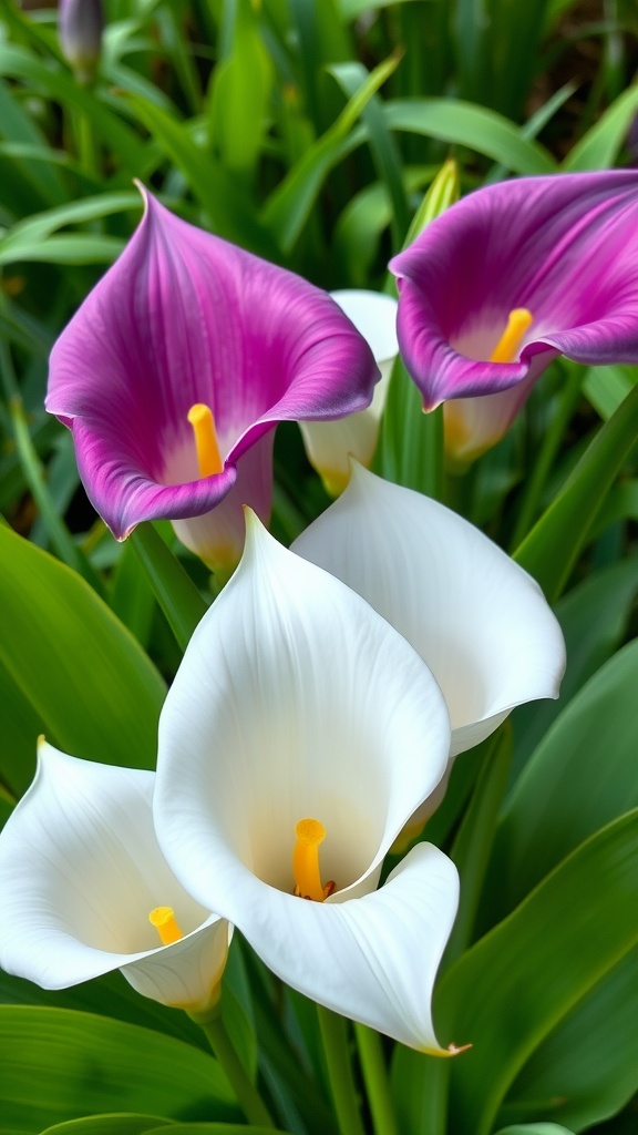 A close-up of white and purple calla lilies among green foliage.