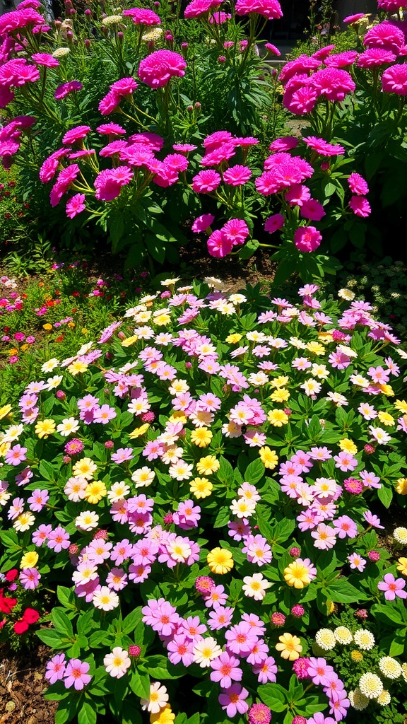 A vibrant garden featuring pink flowers in the background and colorful Candytuft ground cover in the foreground.