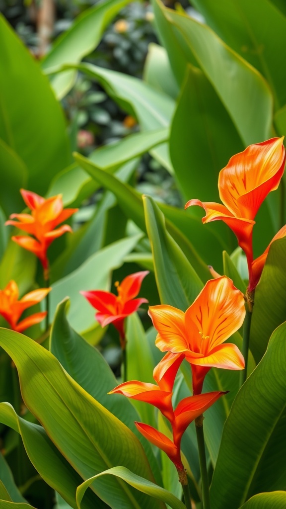 Bright orange canna lilies surrounded by lush green foliage