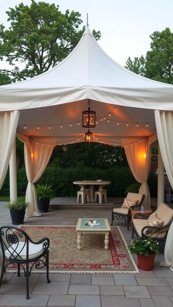 Stylish canvas tent setup in a backyard with cozy seating and ambient lighting