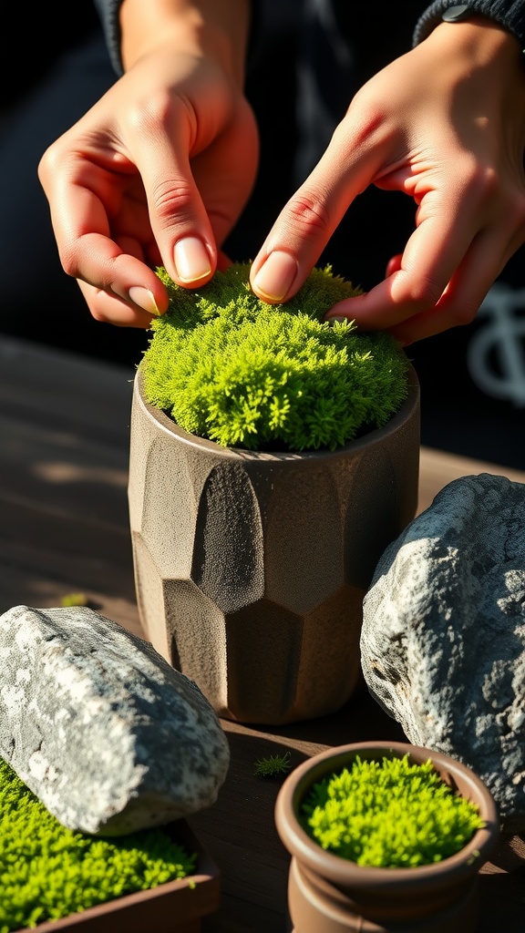 Close-up of hands applying moss to a decorative pot with rocks nearby.