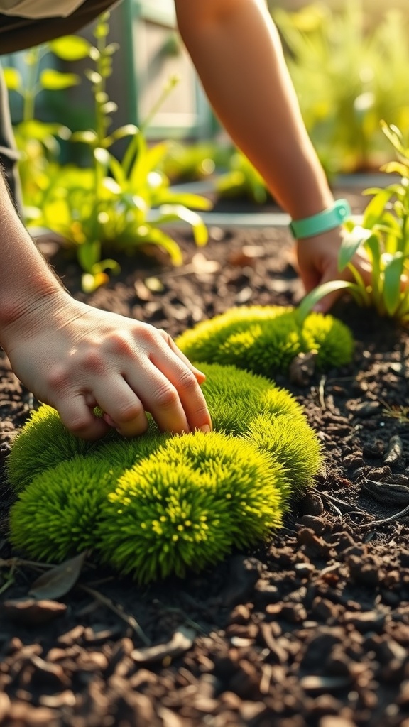 A person applying moss to soil, ensuring full contact for a healthy garden.