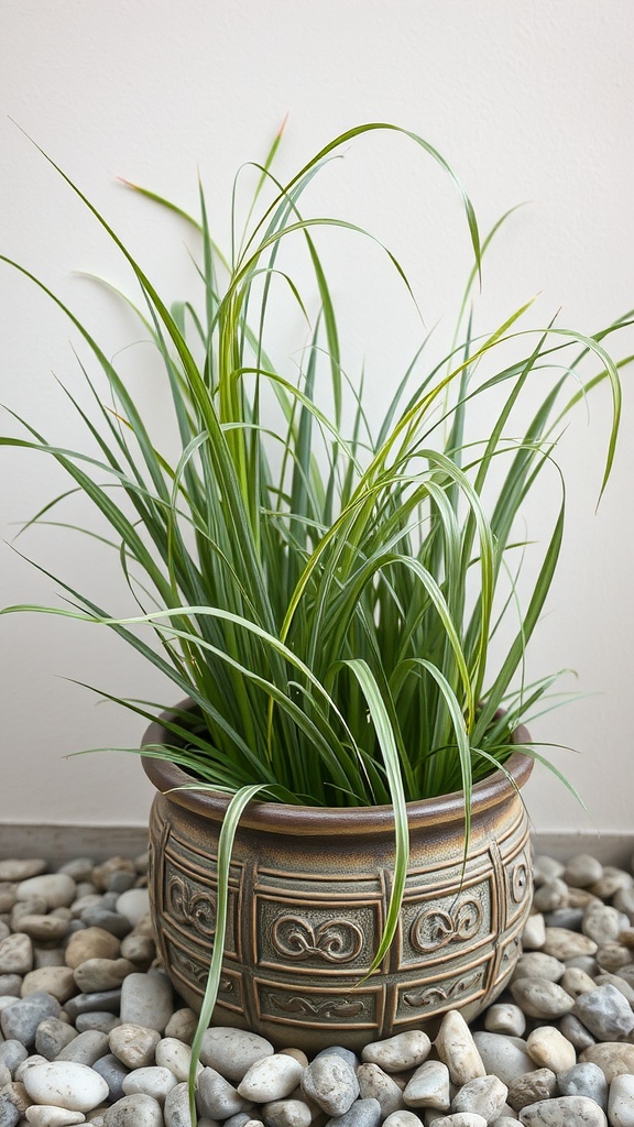 A Carex plant in an ornate pot surrounded by pebbles.