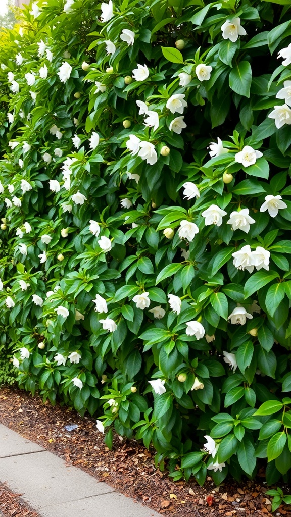 A lush, flowering Carolina Cherry Laurel hedge with white flowers and green leaves.