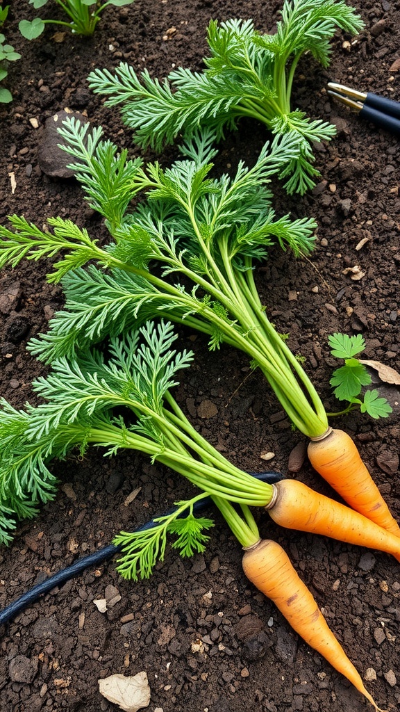 Freshly harvested carrots with green tops growing in soil