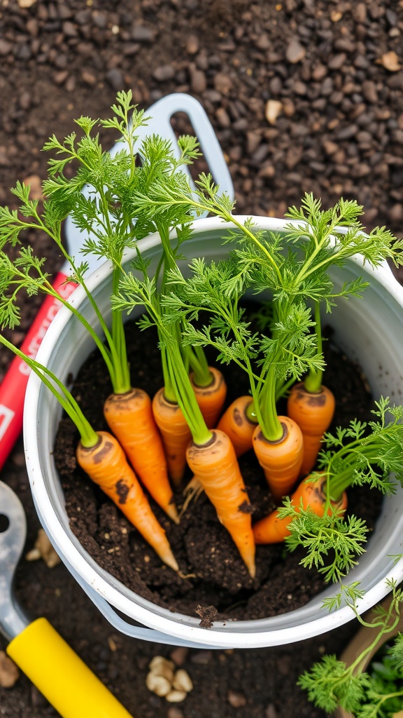 Freshly harvested carrots in a container with soil and gardening tools