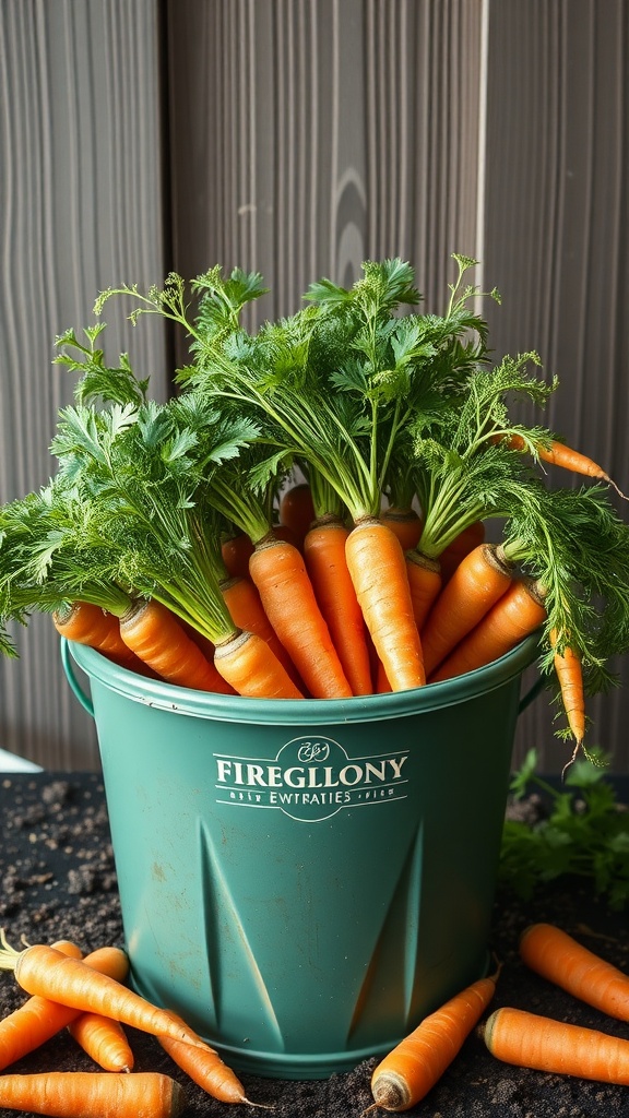 A bucket filled with fresh carrots, showcasing their vibrant orange color and green tops.