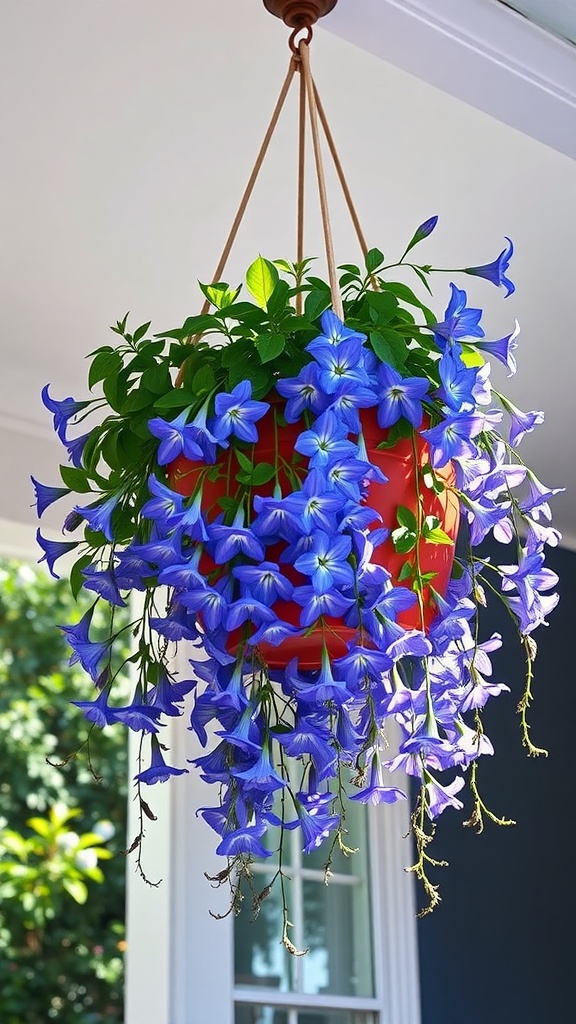 A vibrant hanging basket filled with cascading lobelia flowers in blue.