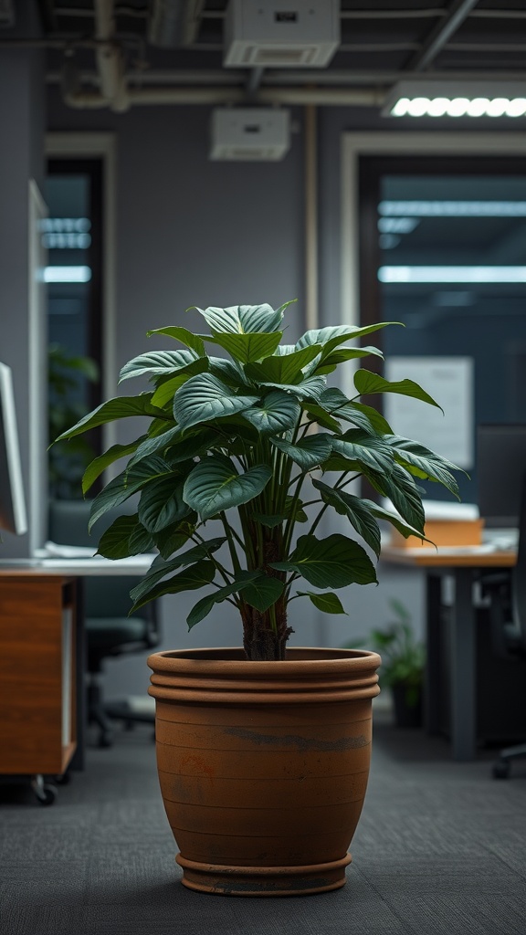 A Cast Iron Plant in a terracotta pot placed in an office setting