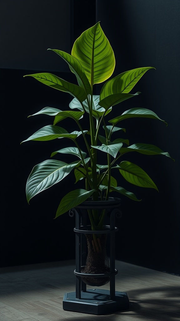 A healthy Cast Iron Plant in a stylish planter, showcasing its broad green leaves in low light.