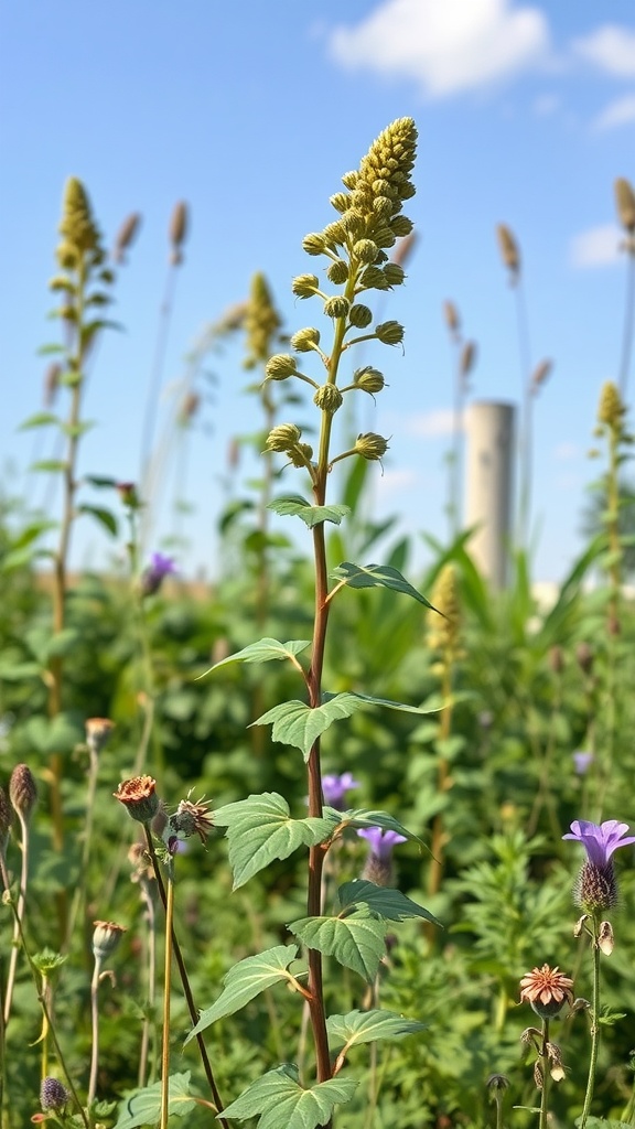 A close-up view of catnip flowering in a garden with green leaves and tall stalks under a blue sky.