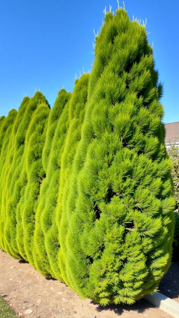 A row of lush, green Chamaecyparis (False Cypress) shrubs creating a dense privacy hedge.