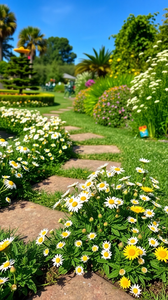 A sunny garden path lined with chamomile flowers and stone slabs.