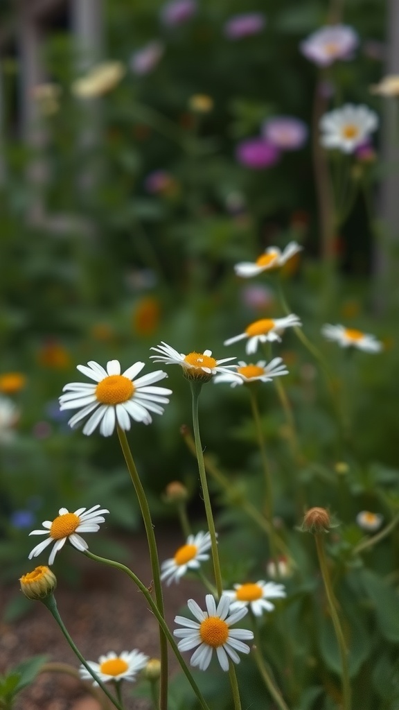 Close-up of chamomile flowers with white petals and yellow centers in a garden.