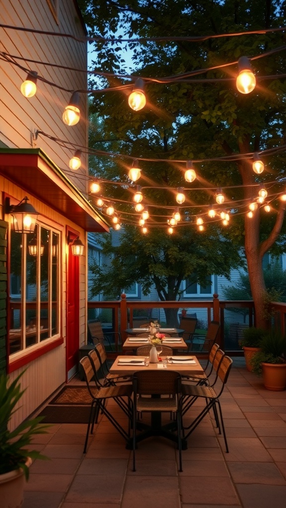 A cozy outdoor patio with bistro lights overhead, set for a dinner.