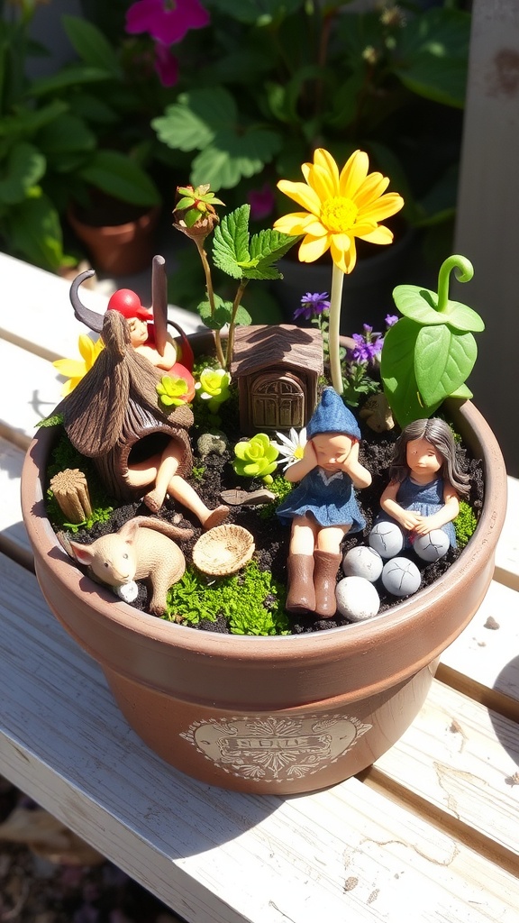 A charming fairy garden with figurines, flowers, and plants in a container, illuminated by sunlight.