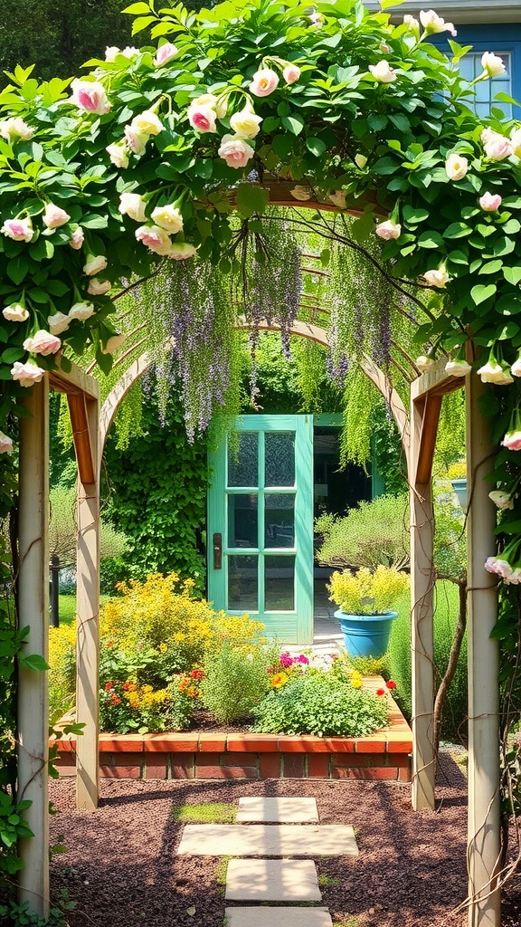 A beautiful garden arbor covered with flowers and greenery leading to a colorful garden