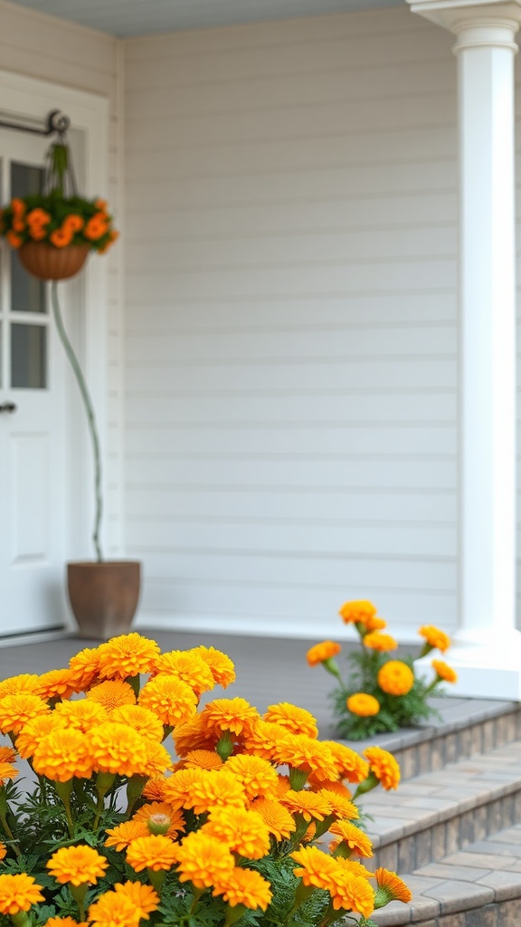 Bright orange marigolds on a porch with a white door and hanging basket