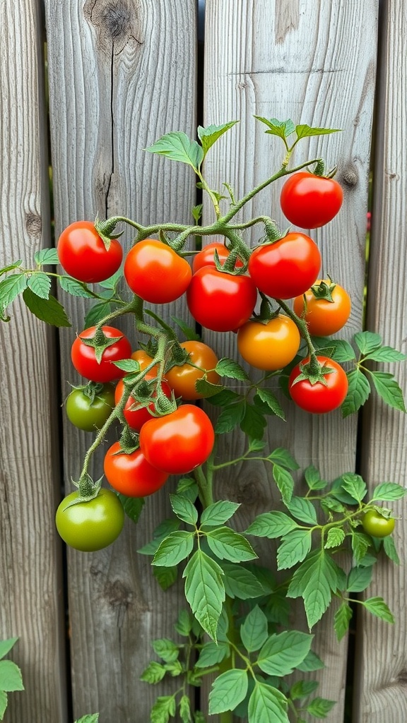 A vibrant bunch of cherry tomatoes on a vine against a wooden fence.