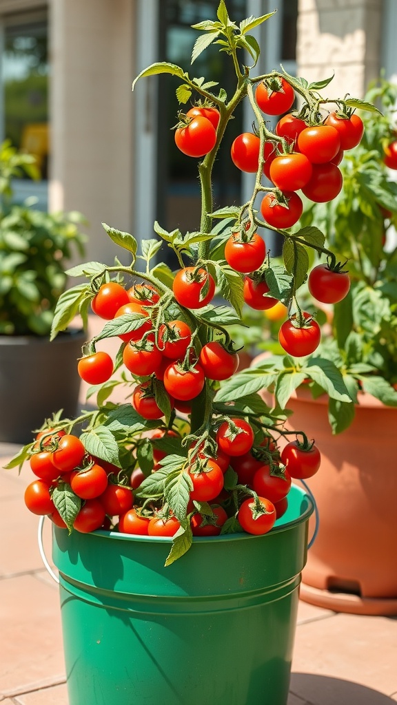 A green bucket filled with ripe cherry tomatoes on a sunny patio.