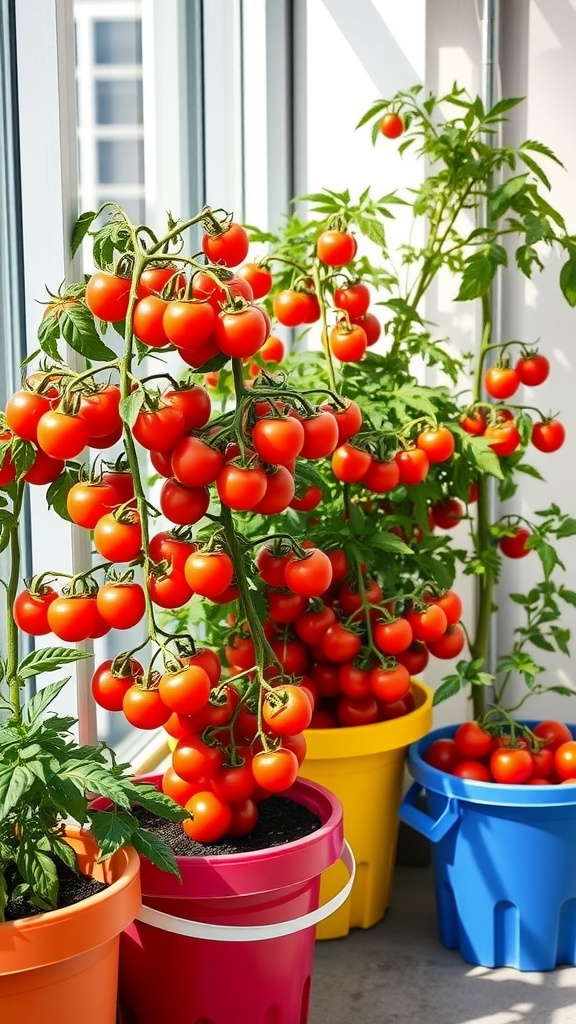 Colorful buckets filled with ripe cherry tomatoes growing indoors.