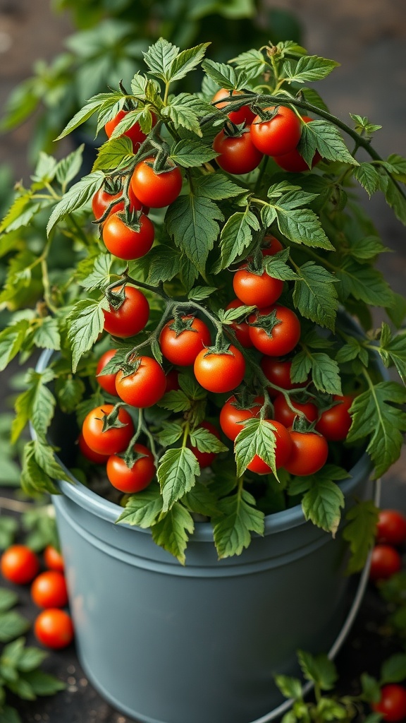 A bucket filled with ripe cherry tomatoes and green leaves, showcasing a thriving container garden.