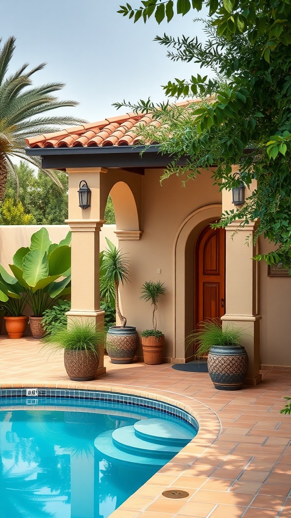 Chic Mediterranean cabana next to a swimming pool with lush greenery.