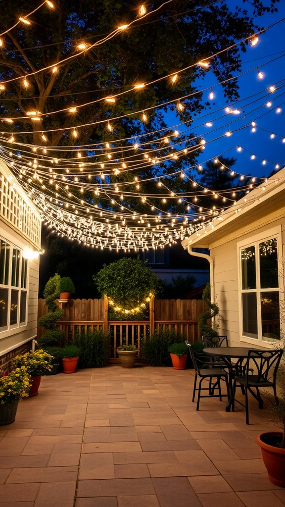 Cozy outdoor patio with string lights canopy and seating arrangement