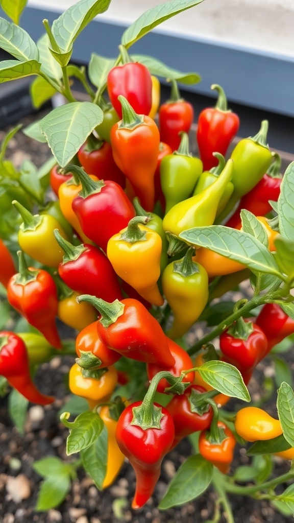 A cluster of colorful chili peppers growing in a garden