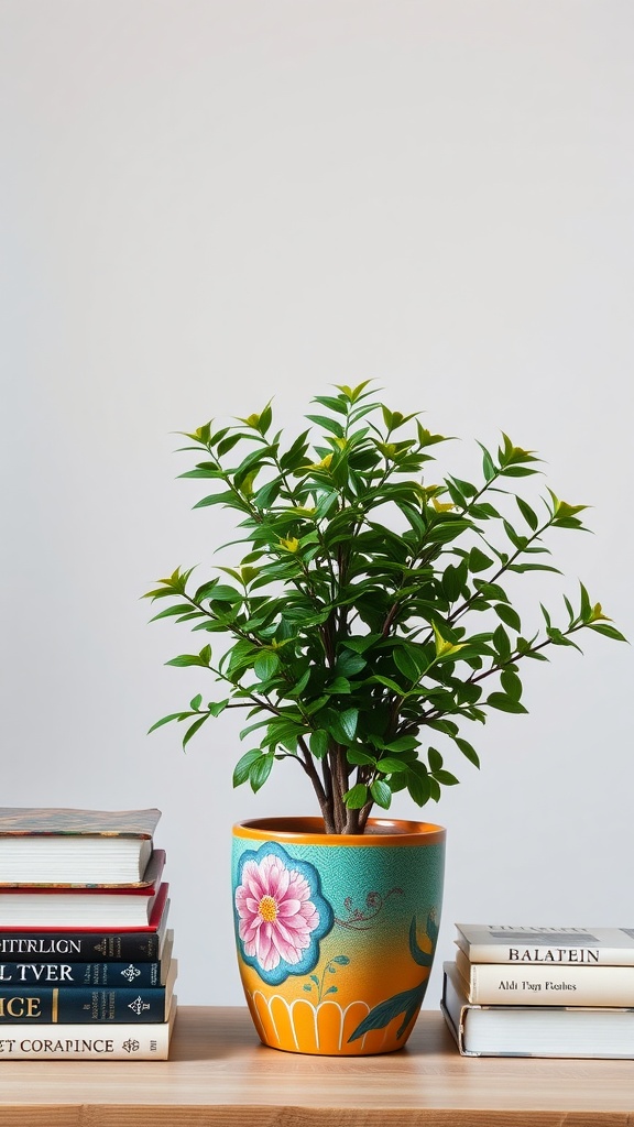 A Chinese Evergreen plant in a colorful pot on a wooden shelf with books.