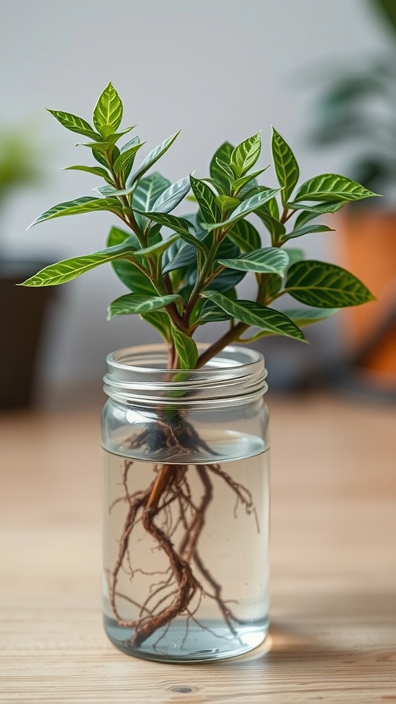 A Chinese Evergreen plant cutting with roots in a jar of water, showcasing the propagation process.