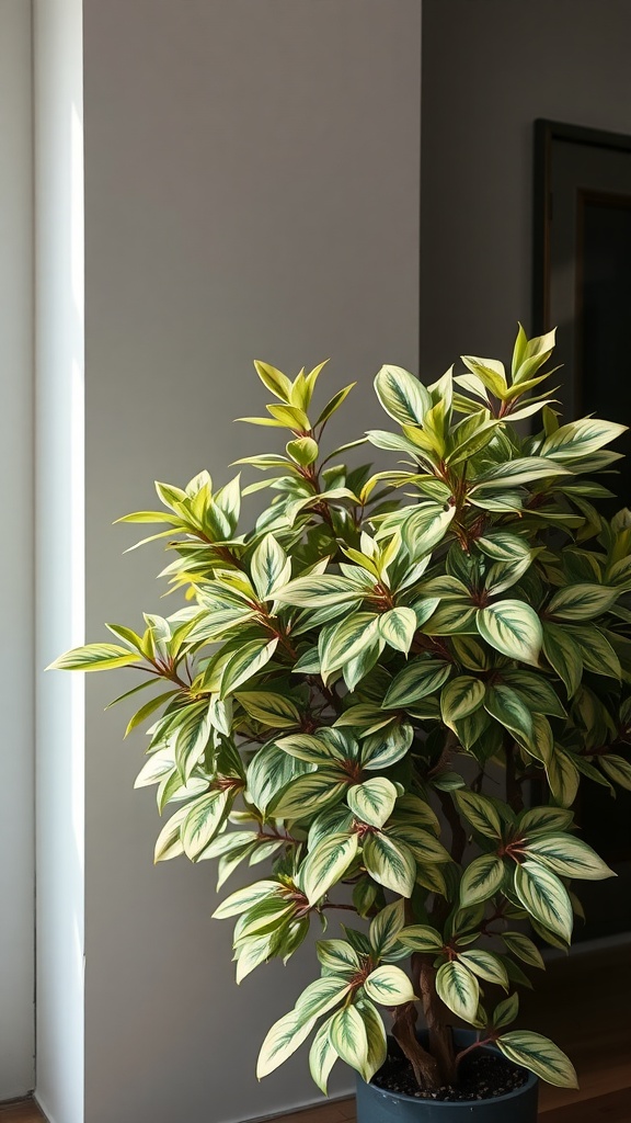 A Chinese Evergreen plant with colorful patterned leaves placed near a window.