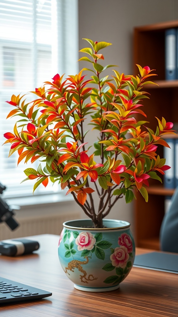 A colorful Chinese Evergreen plant in a decorative pot on an office desk.