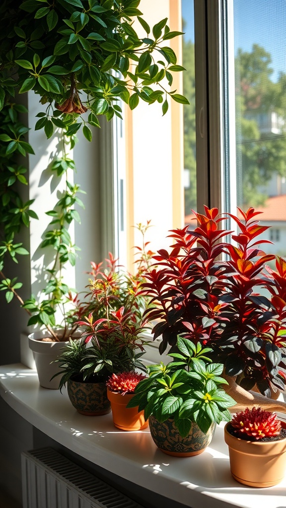 A bright array of Chinese Evergreen plants in colorful pots on a sunlit windowsill.