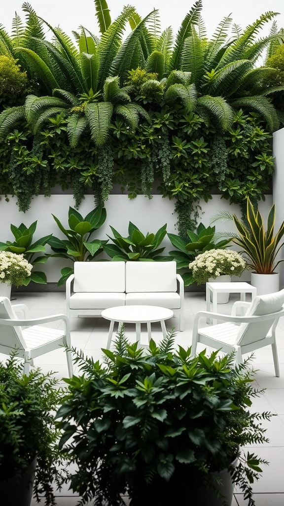A modern garden design featuring white furniture surrounded by lush green plants.
