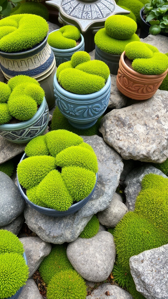 Vibrant green moss arranged in various pots on rocks